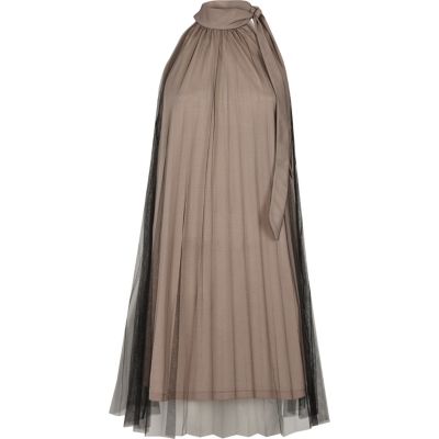 Nude and mesh pleated halter neck dress